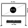 Pantalla de proyector VEVOR de 100 pulgadas con soporte y bolsa de transporte, dimensiones mostradas