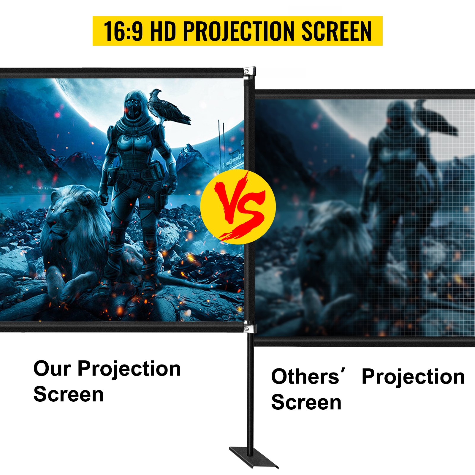 Comparación de la pantalla del proyector VEVOR HD 16:9 de 100 pulgadas con una pantalla rival.