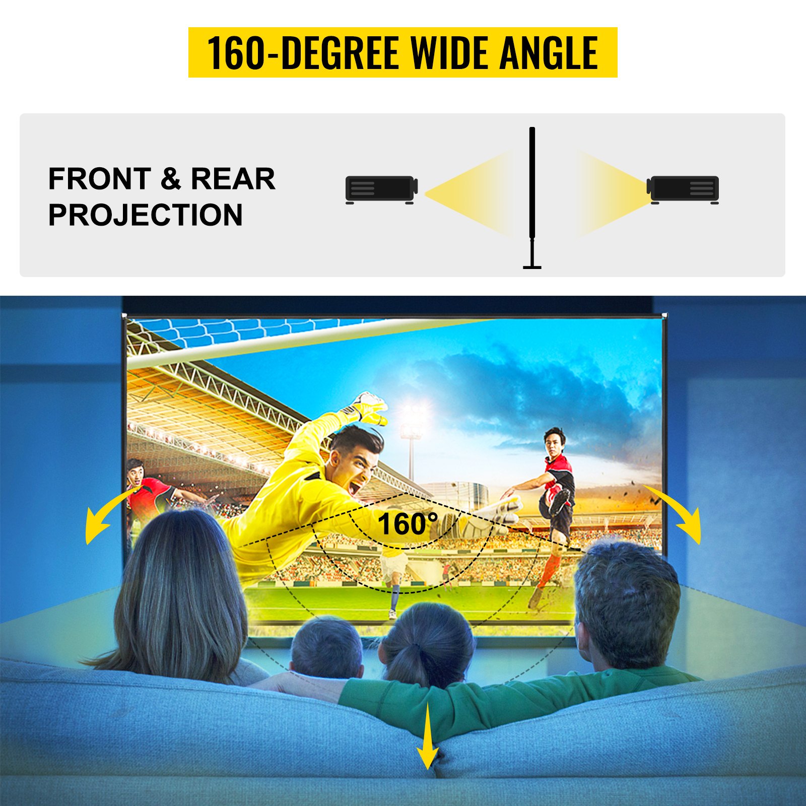 Pantalla de proyector VEVOR de 100 pulgadas, que muestra a una familia viendo un partido de fútbol con un gran ángulo de 160 grados.