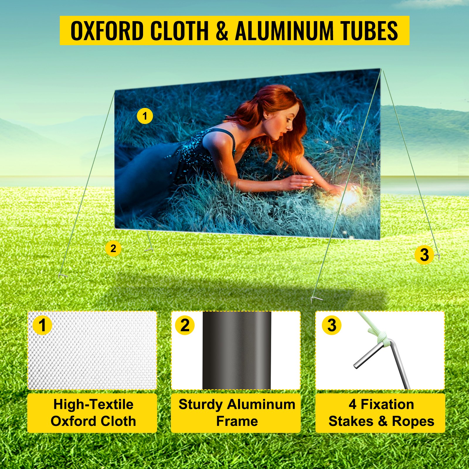 Pantalla de proyección de tela oxford con marco de aluminio y estacas de fijación.