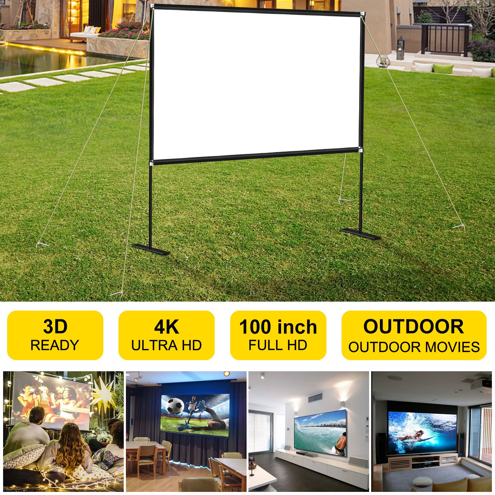 Pantalla de proyector VEVOR de 100 pulgadas instalada en un patio trasero para una noche de cine al aire libre.