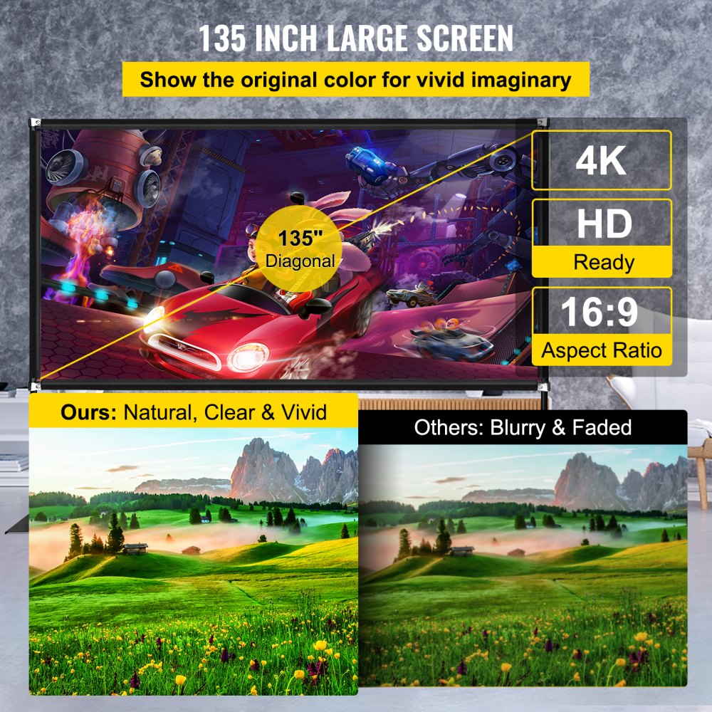 Pantalla de proyector portátil VEVOR de 135 pulgadas, 4k, compatible con HD, 16:9, comparación entre claro y borroso.