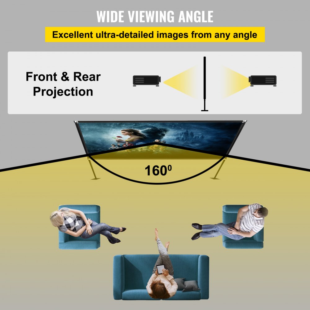 Amplio ángulo de visión de la pantalla del proyector portátil VEVOR de 135 pulgadas con campo de 160 grados.