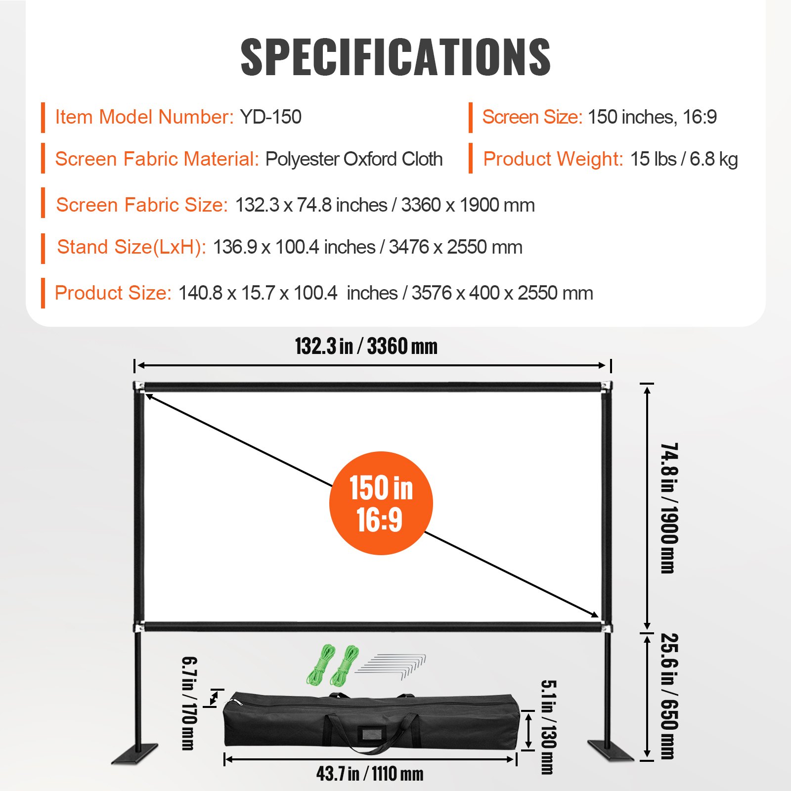 Especificaciones de la pantalla del proyector VEVOR: 150 pulgadas, 16:9, tela oxford de poliéster, 15 libras.