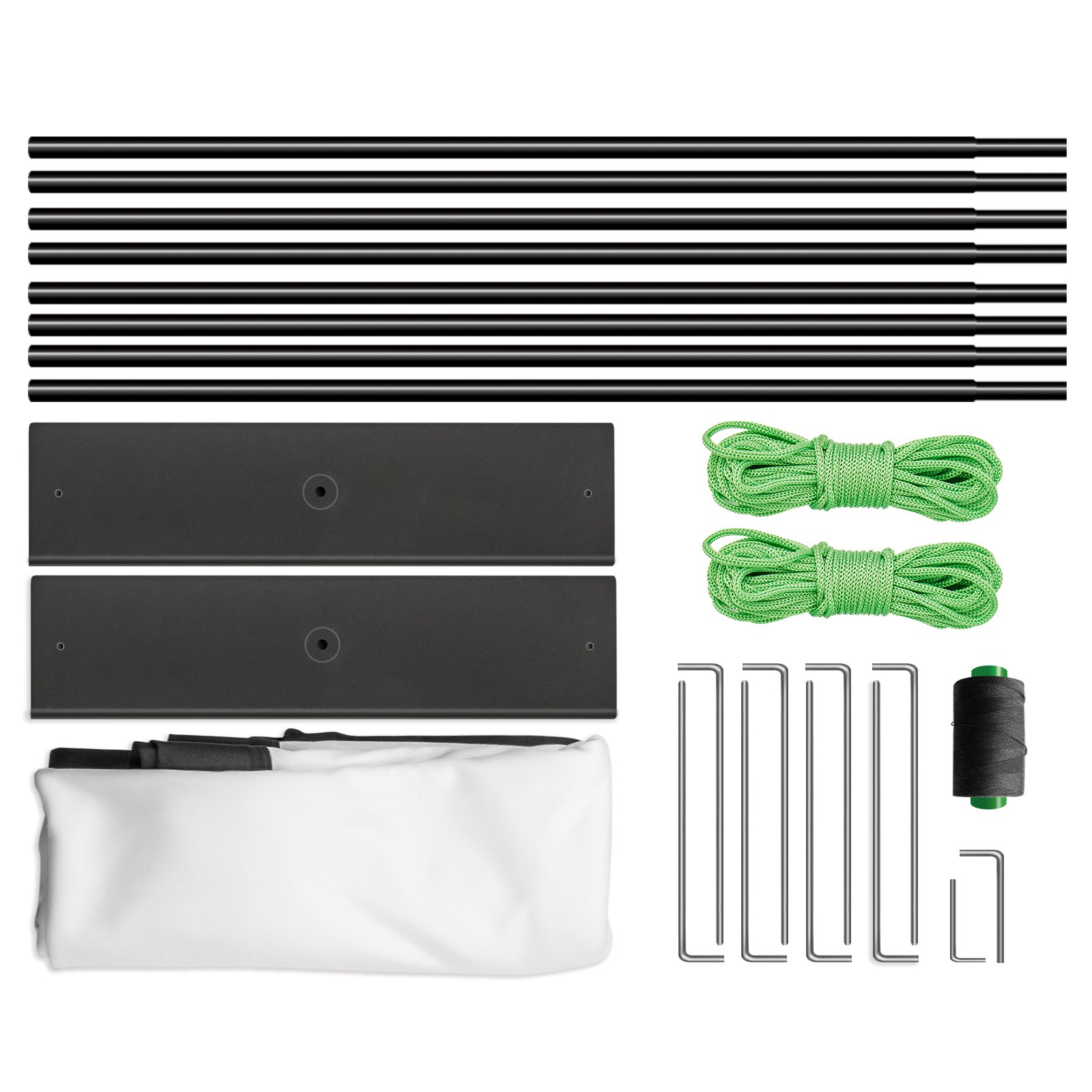 Componentes de pantalla de proyector VEVOR, incluidas varillas, bases, cuerdas verdes y tela de pantalla blanca.