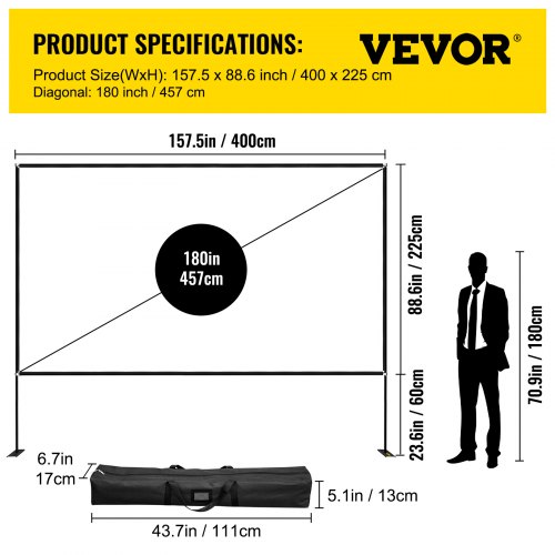 VEVOR Pantalla Proyector Portátil Pantalla de Proyector con Soporte 457,2 cm