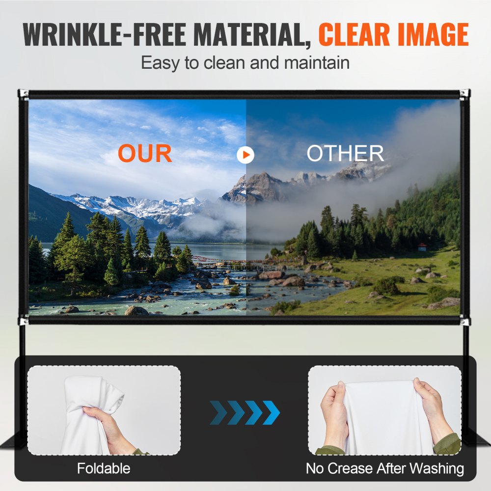 Pantalla de cine VEVOR con material antiarrugas e imagen clara, plegable y sin arrugas.