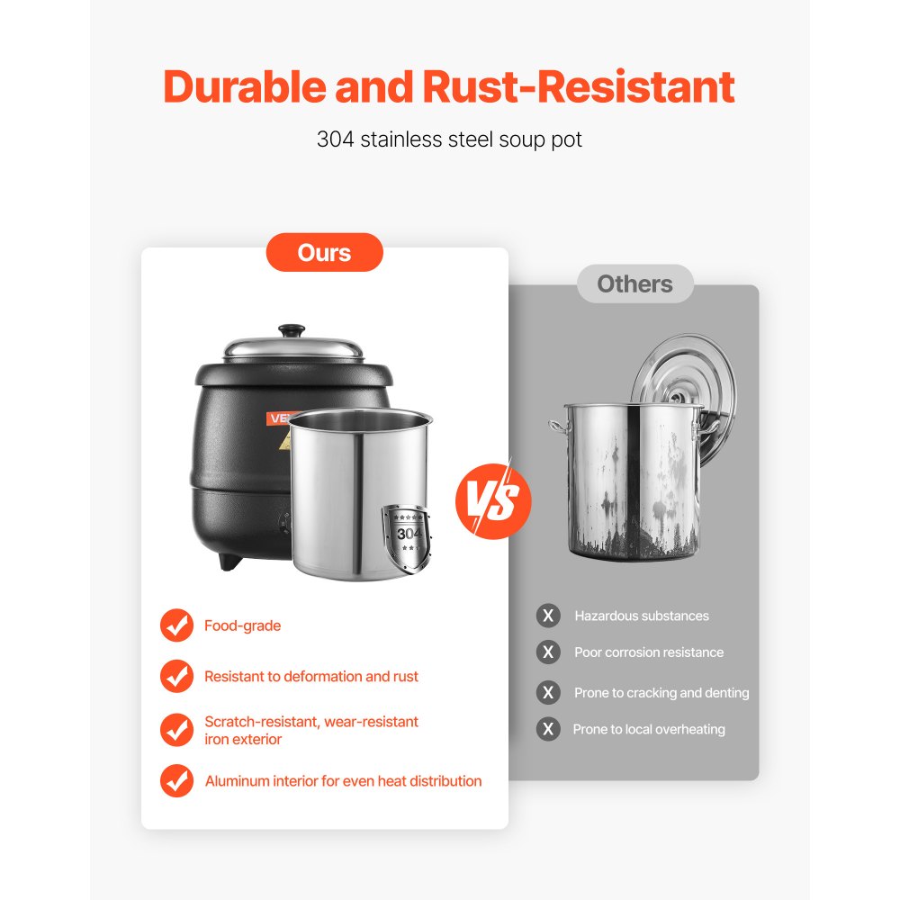 Calentador de sopa eléctrico VEVOR, hervidor de sopa comercial de 10 cuartos con olla extraíble de acero inoxidable 304, temperatura ajustable de 35 a 80 °C, estación de sopa para restaurantes y familias numerosas, color negro