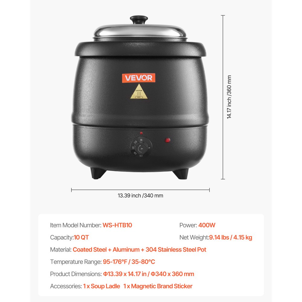 Calentador de sopa eléctrico VEVOR, hervidor de sopa comercial de 10 cuartos con olla extraíble de acero inoxidable 304, temperatura ajustable de 35 a 80 °C, estación de sopa para restaurantes y familias numerosas, color negro