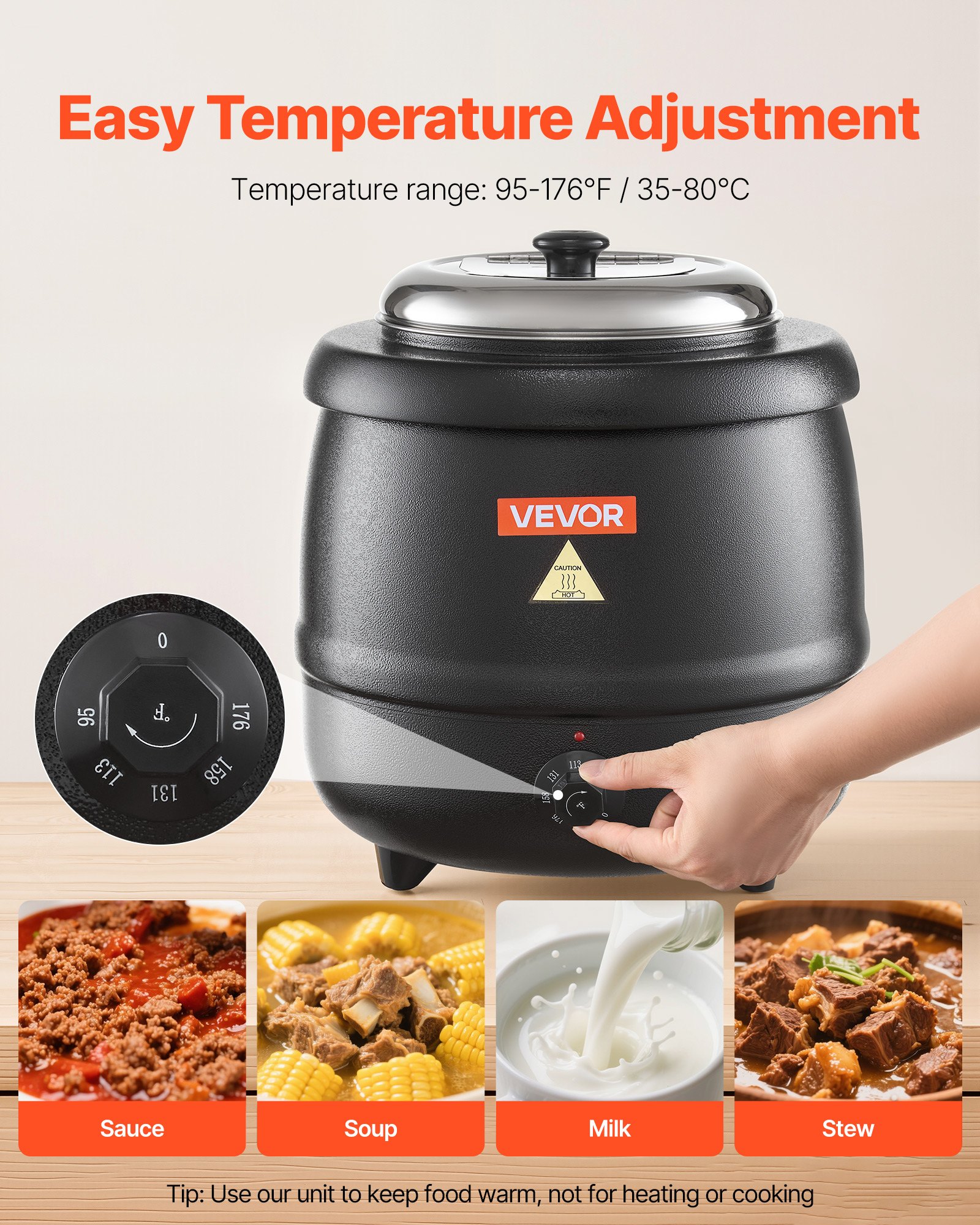 Calentador de sopa eléctrico VEVOR, hervidor de sopa comercial de 10 cuartos con olla extraíble de acero inoxidable 304, temperatura ajustable de 35 a 80 °C, estación de sopa para restaurantes y familias numerosas, color negro