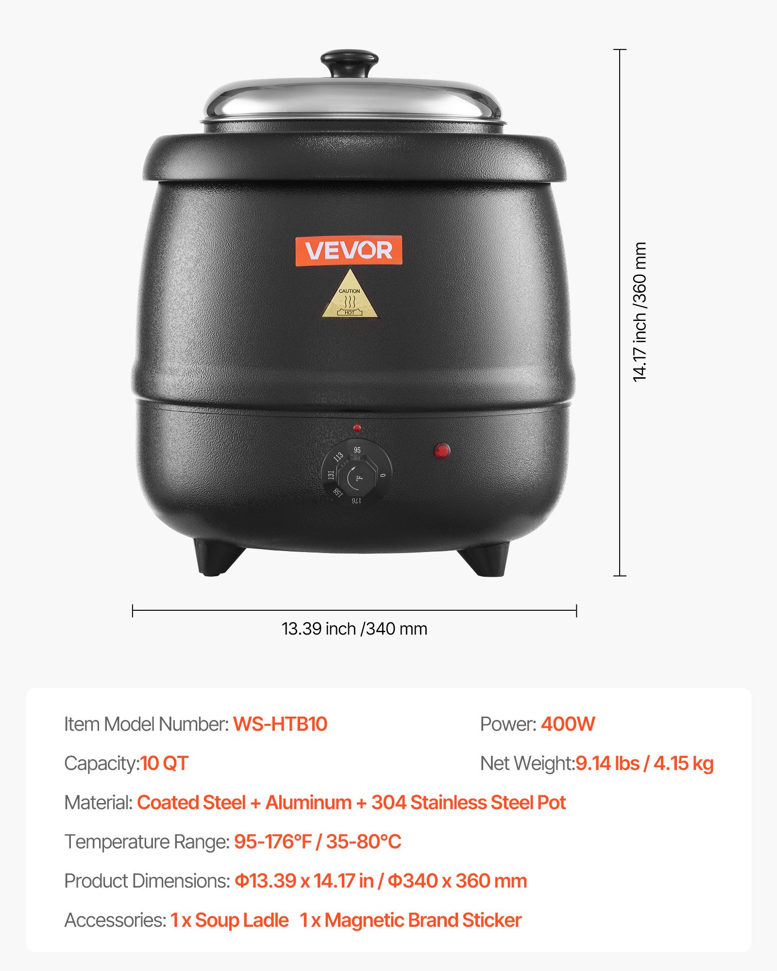 Calentador de sopa eléctrico VEVOR, hervidor de sopa comercial de 10 cuartos con olla extraíble de acero inoxidable 304, temperatura ajustable de 35 a 80 °C, estación de sopa para restaurantes y familias numerosas, color negro