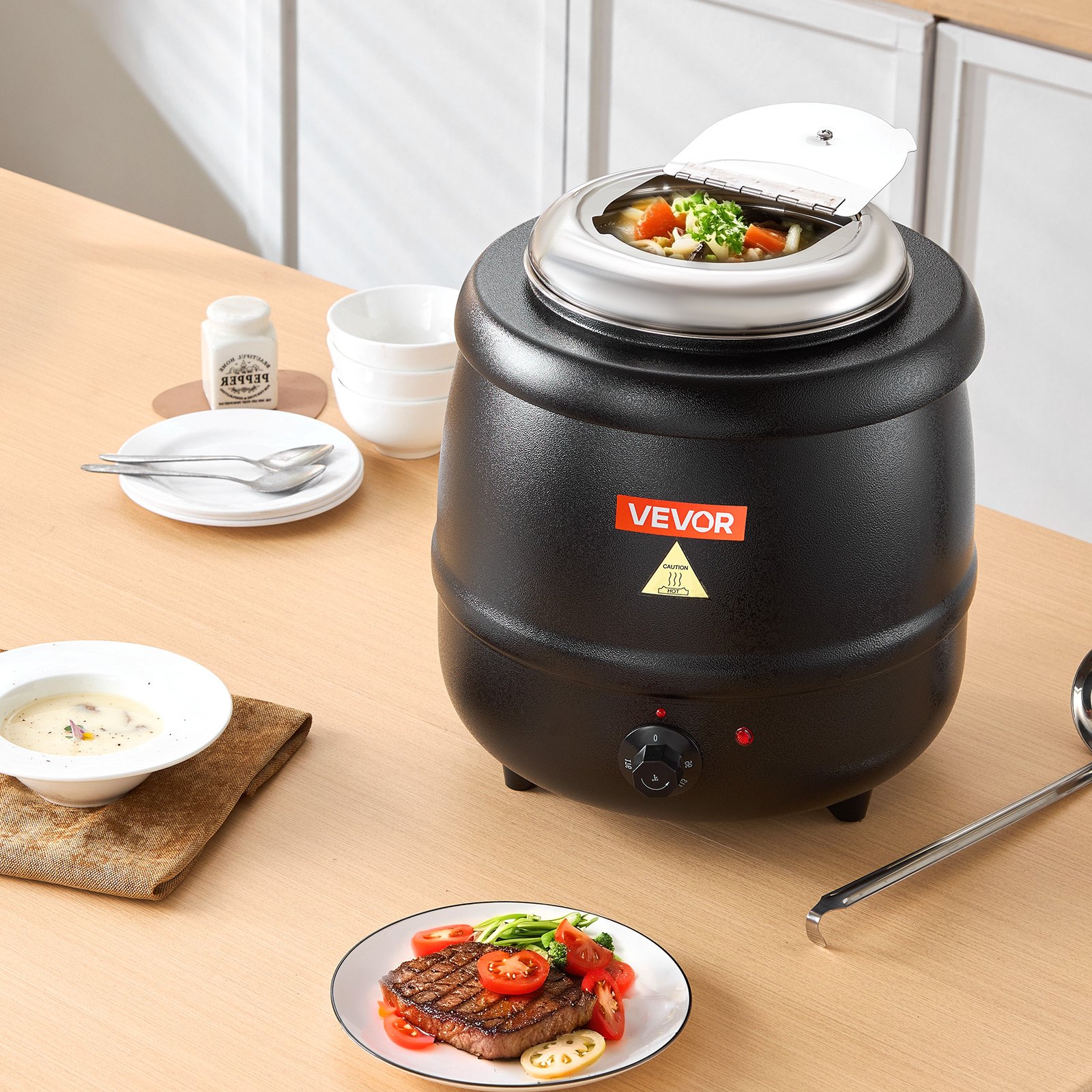 Calentador de sopa eléctrico VEVOR, hervidor de sopa comercial de 10 cuartos con olla extraíble de acero inoxidable 304, temperatura ajustable de 35 a 80 °C, estación de sopa para restaurantes y familias numerosas, color negro