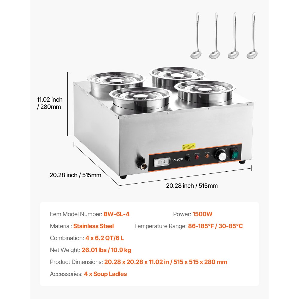 Calentador eléctrico de sopas VEVOR, con cuatro ollas redondas de acero inoxidable de 6.34 cuartos de galón (5.8 litros) con temperatura ajustable de 86 a 185 °F (30 a 85 °C), baño maría comercial de 1500 W con protección contra sobrecalentamiento y botón de reinicio. Ideal para restaurantes y bufés.