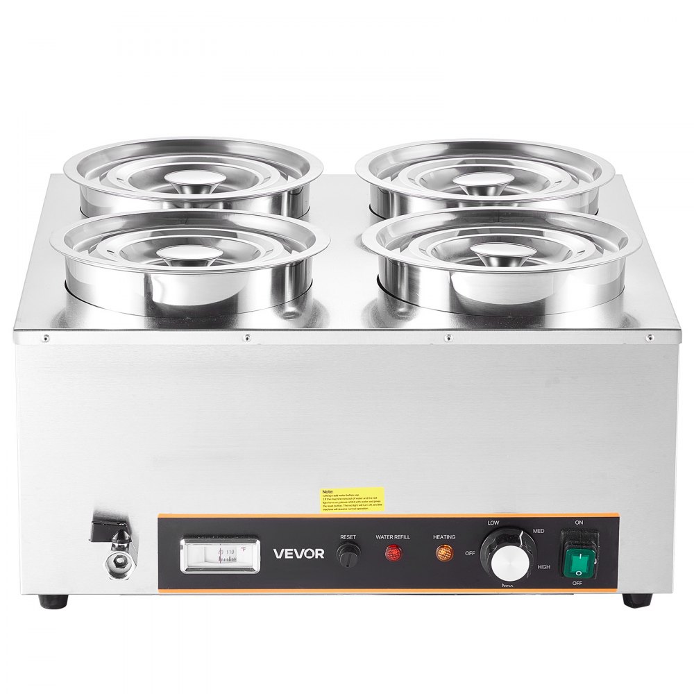 Calentador eléctrico de sopas VEVOR, con cuatro ollas redondas de acero inoxidable de 6.34 cuartos de galón (5.8 litros) con temperatura ajustable de 86 a 185 °F (30 a 85 °C), baño maría comercial de 1500 W con protección contra sobrecalentamiento y botón de reinicio. Ideal para restaurantes y bufés.