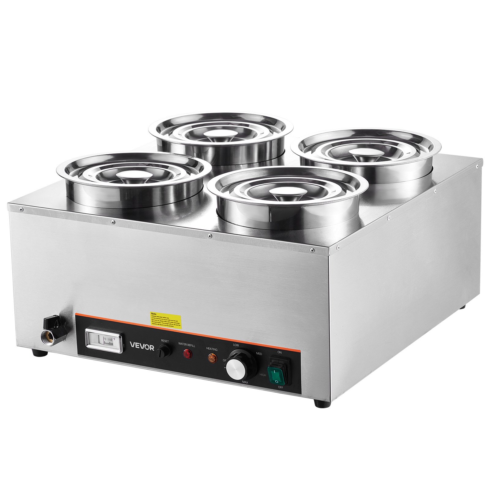 Calentador eléctrico de sopas VEVOR, con cuatro ollas redondas de acero inoxidable de 6.34 cuartos de galón (5.8 litros) con temperatura ajustable de 86 a 185 °F (30 a 85 °C), baño maría comercial de 1500 W con protección contra sobrecalentamiento y botón de reinicio. Ideal para restaurantes y bufés.