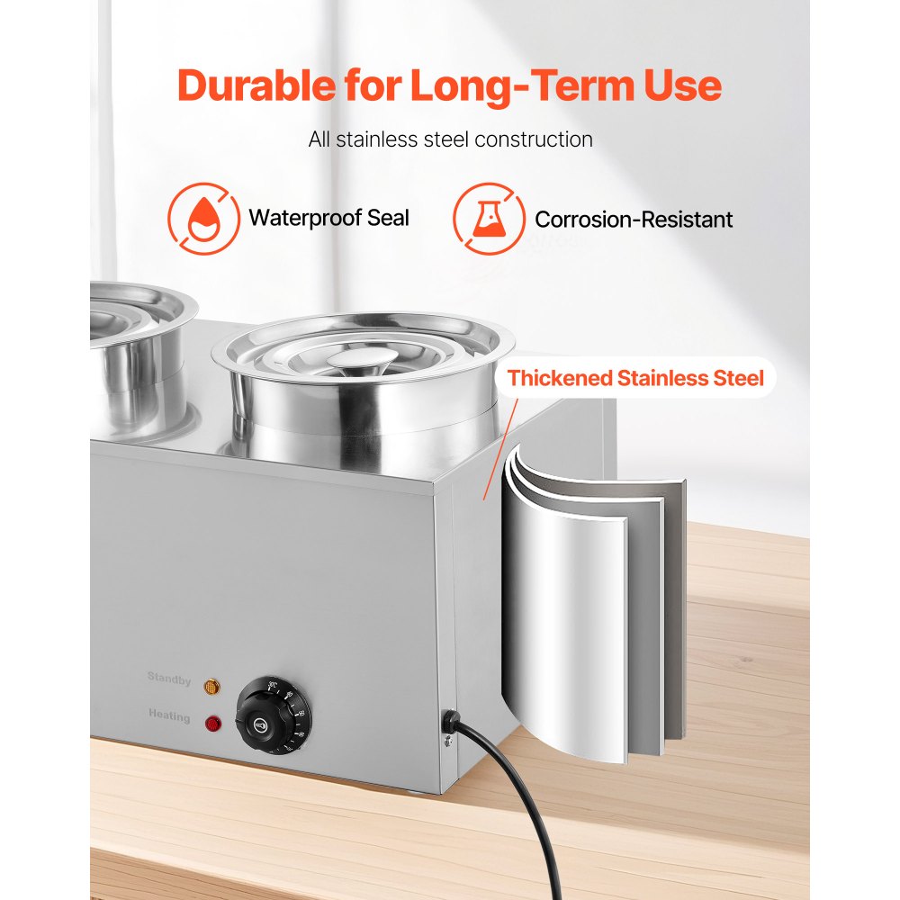 Calentador de sopa eléctrico VEVOR, dos ollas redondas de acero inoxidable de 6.34 cuartos de galón con temperatura ajustable de 86 a 185 °F, baño maría comercial de 1200 W compatible con sartenes, estación de sopa para restaurante y bufé.