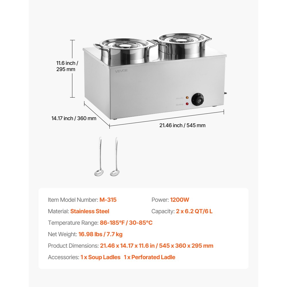 Calentador de sopa eléctrico VEVOR, dos ollas redondas de acero inoxidable de 6.34 cuartos de galón con temperatura ajustable de 86 a 185 °F, baño maría comercial de 1200 W compatible con sartenes, estación de sopa para restaurante y bufé.