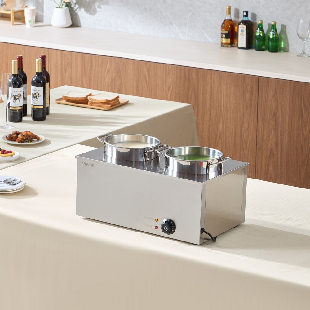 Calentador de sopa eléctrico VEVOR, dos ollas redondas de acero inoxidable de 6.34 cuartos de galón con temperatura ajustable de 86 a 185 °F, baño maría comercial de 1200 W compatible con sartenes, estación de sopa para restaurante y bufé.