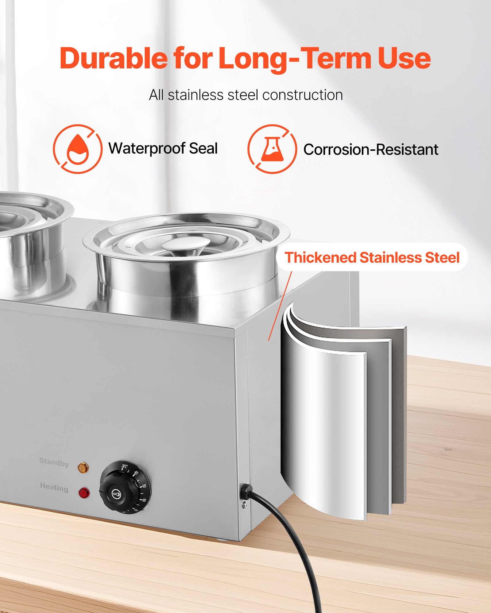 Calentador de sopa eléctrico VEVOR, dos ollas redondas de acero inoxidable de 6.34 cuartos de galón con temperatura ajustable de 86 a 185 °F, baño maría comercial de 1200 W compatible con sartenes, estación de sopa para restaurante y bufé.