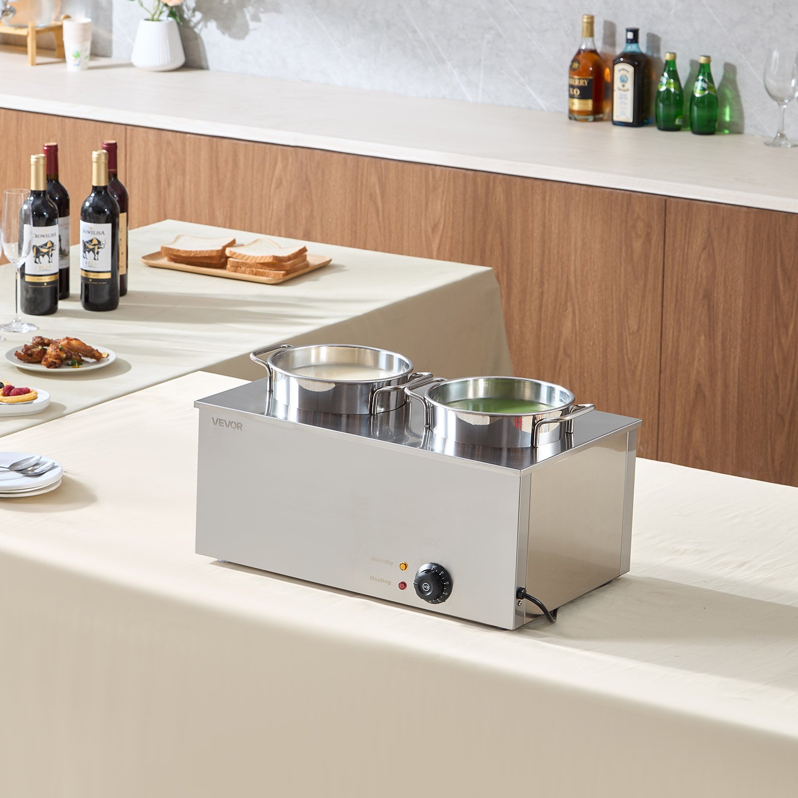 Calentador de sopa eléctrico VEVOR, dos ollas redondas de acero inoxidable de 6.34 cuartos de galón con temperatura ajustable de 86 a 185 °F, baño maría comercial de 1200 W compatible con sartenes, estación de sopa para restaurante y bufé.