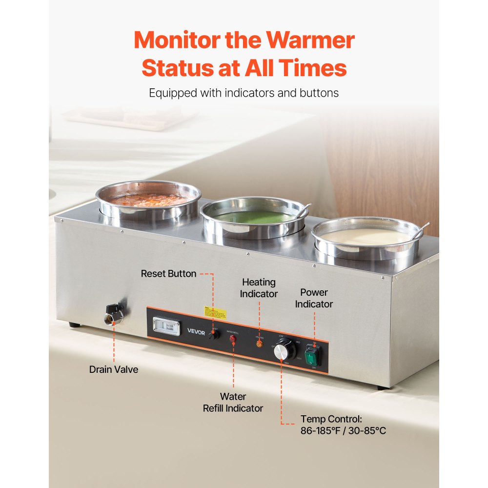 Calentador eléctrico de sopas VEVOR, con tres ollas redondas de acero inoxidable de 6.34 cuartos de galón (5.8 litros) con temperatura ajustable de 86 a 185 °F (30 a 85 °C), baño maría comercial de 1500 W con protección contra sobrecalentamiento y botón de reinicio. Ideal para restaurantes y bufés.