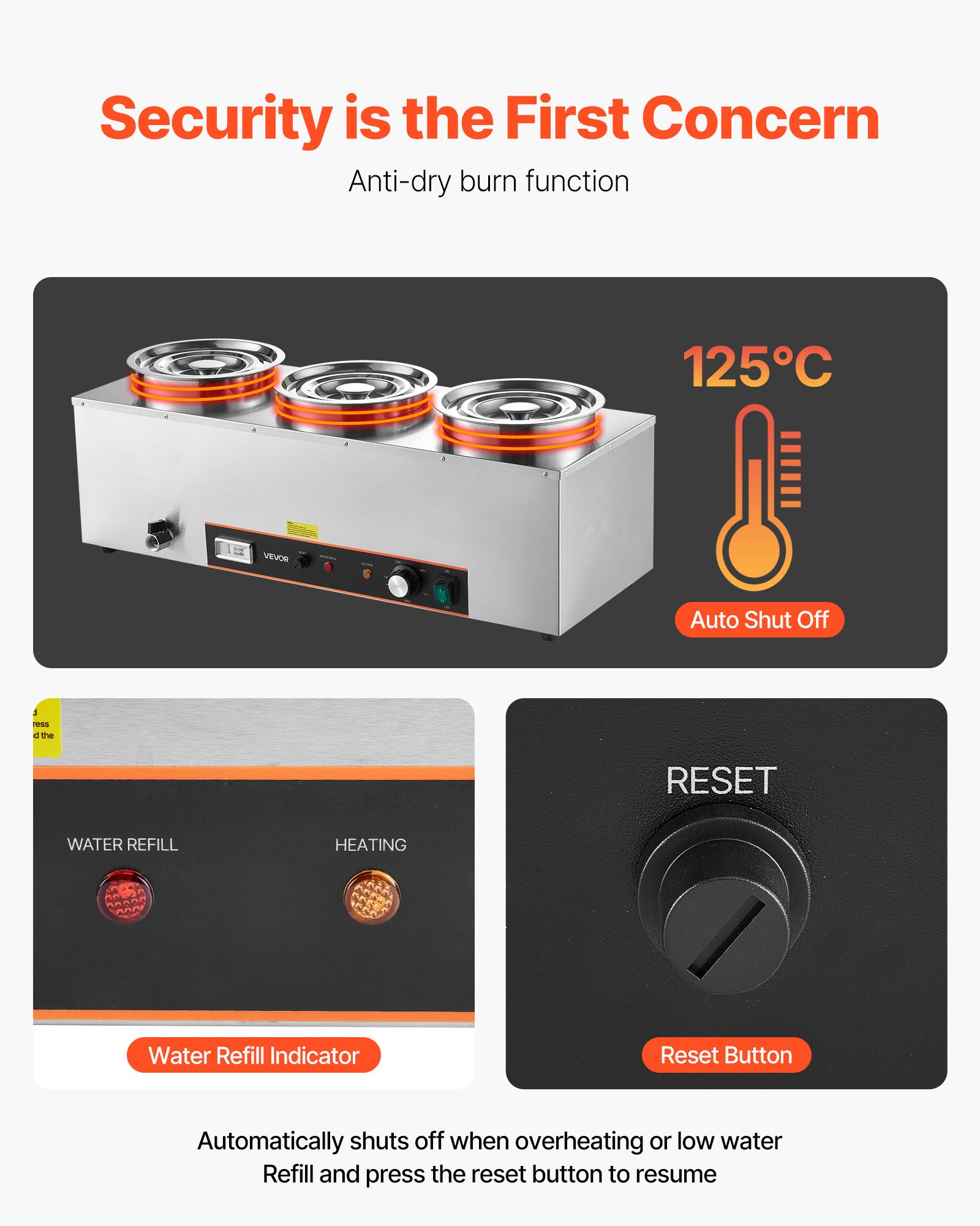 Calentador eléctrico de sopas VEVOR, con tres ollas redondas de acero inoxidable de 6.34 cuartos de galón (5.8 litros) con temperatura ajustable de 86 a 185 °F (30 a 85 °C), baño maría comercial de 1500 W con protección contra sobrecalentamiento y botón de reinicio. Ideal para restaurantes y bufés.