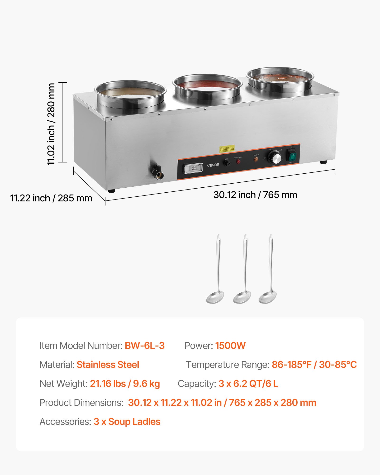 Calentador eléctrico de sopas VEVOR, con tres ollas redondas de acero inoxidable de 6.34 cuartos de galón (5.8 litros) con temperatura ajustable de 86 a 185 °F (30 a 85 °C), baño maría comercial de 1500 W con protección contra sobrecalentamiento y botón de reinicio. Ideal para restaurantes y bufés.