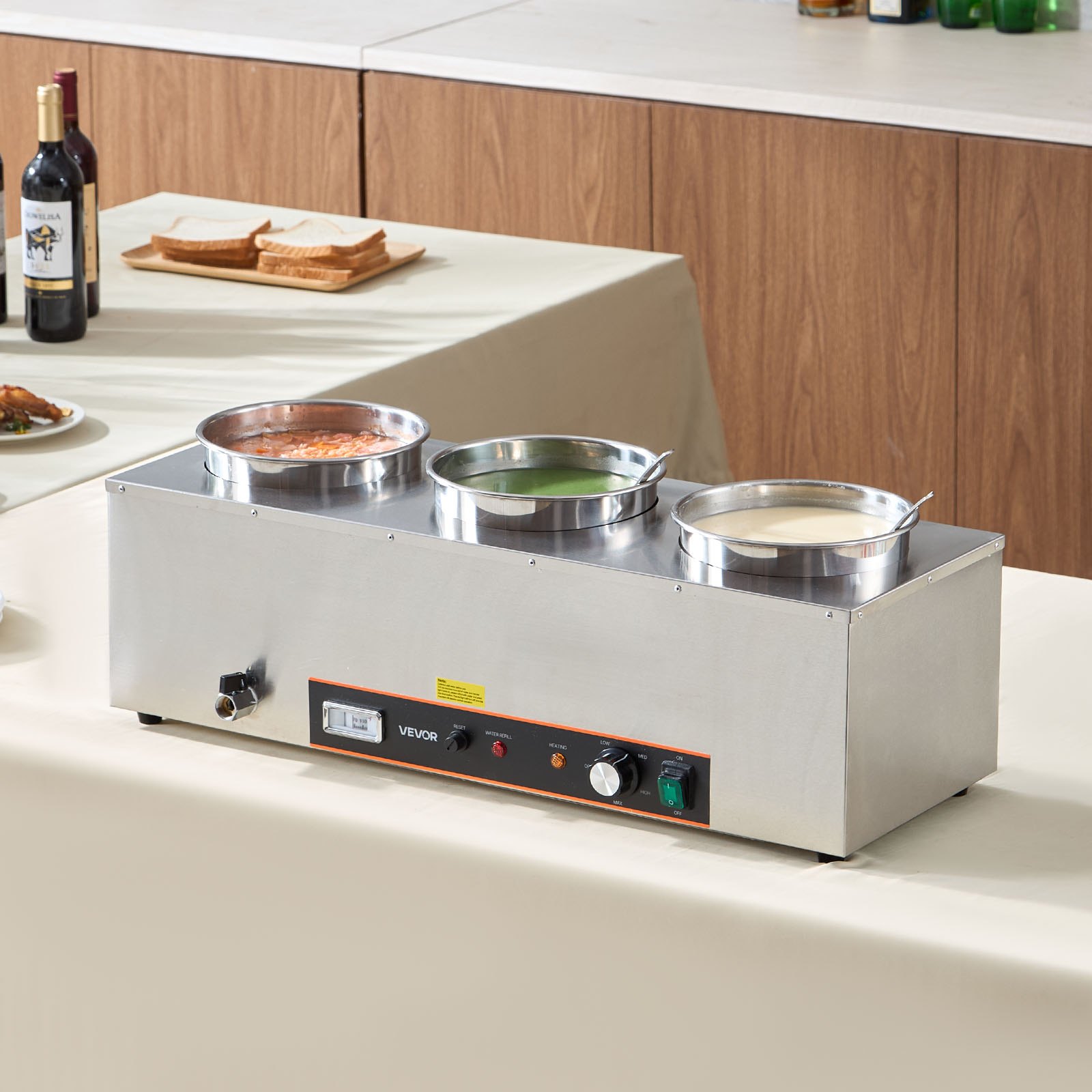 Calentador eléctrico de sopas VEVOR, con tres ollas redondas de acero inoxidable de 6.34 cuartos de galón (5.8 litros) con temperatura ajustable de 86 a 185 °F (30 a 85 °C), baño maría comercial de 1500 W con protección contra sobrecalentamiento y botón de reinicio. Ideal para restaurantes y bufés.