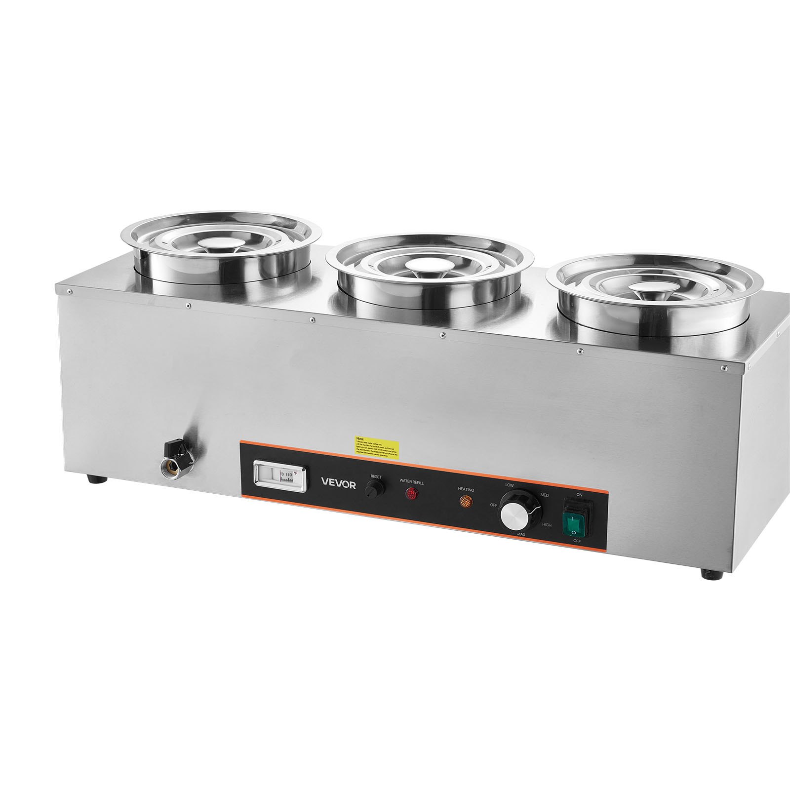 Calentador eléctrico de sopas VEVOR, con tres ollas redondas de acero inoxidable de 6.34 cuartos de galón (5.8 litros) con temperatura ajustable de 86 a 185 °F (30 a 85 °C), baño maría comercial de 1500 W con protección contra sobrecalentamiento y botón de reinicio. Ideal para restaurantes y bufés.