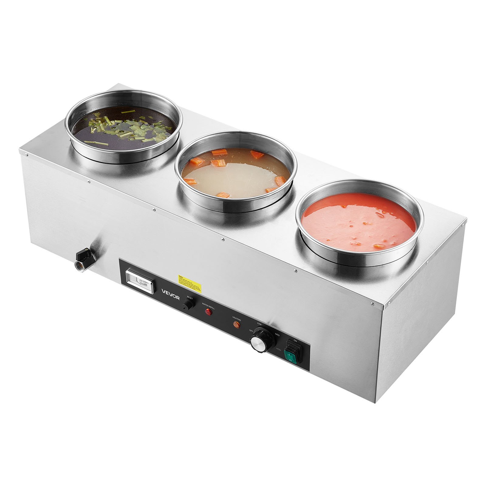 Calentador eléctrico de sopas VEVOR, con tres ollas redondas de acero inoxidable de 6.34 cuartos de galón (5.8 litros) con temperatura ajustable de 86 a 185 °F (30 a 85 °C), baño maría comercial de 1500 W con protección contra sobrecalentamiento y botón de reinicio. Ideal para restaurantes y bufés.