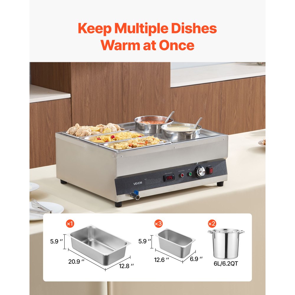 Calentador de sopa eléctrico VEVOR, dos ollas de 6.34 qt y tres sartenes de 1/3, calentador de alimentos comercial de acero inoxidable con temperatura ajustable de 86 a 185 °F, baño maría de 1500 W, estación de sopa para restaurante y bufé.