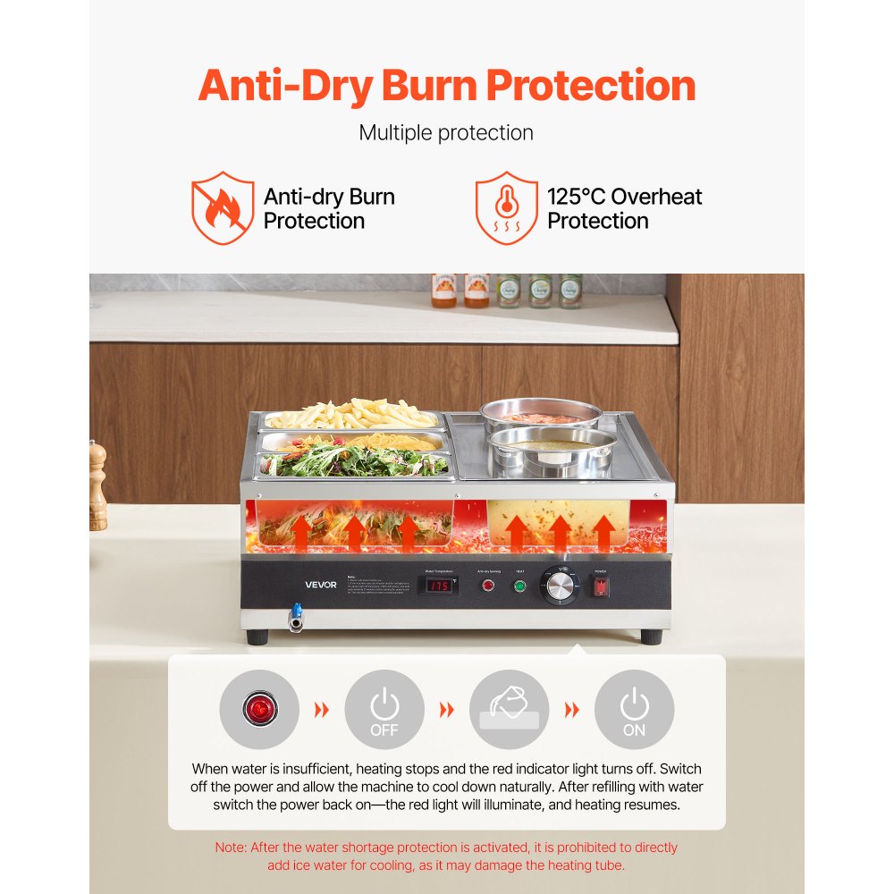 Calentador de sopa eléctrico VEVOR, dos ollas de 6.34 qt y tres sartenes de 1/3, calentador de alimentos comercial de acero inoxidable con temperatura ajustable de 86 a 185 °F, baño maría de 1500 W, estación de sopa para restaurante y bufé.