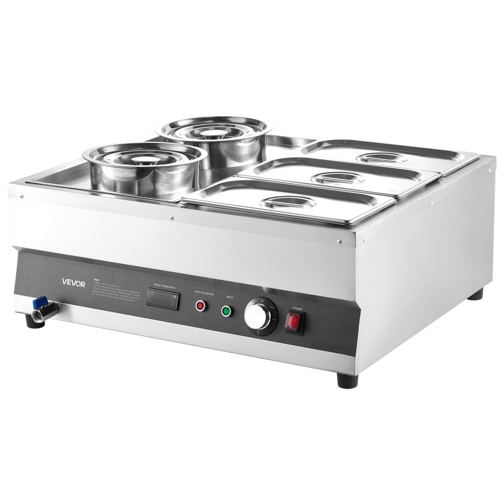 Calentador de sopa eléctrico VEVOR, dos ollas de 6.34 qt y tres sartenes de 1/3, calentador de alimentos comercial de acero inoxidable con temperatura ajustable de 86 a 185 °F, baño maría de 1500 W, estación de sopa para restaurante y bufé.