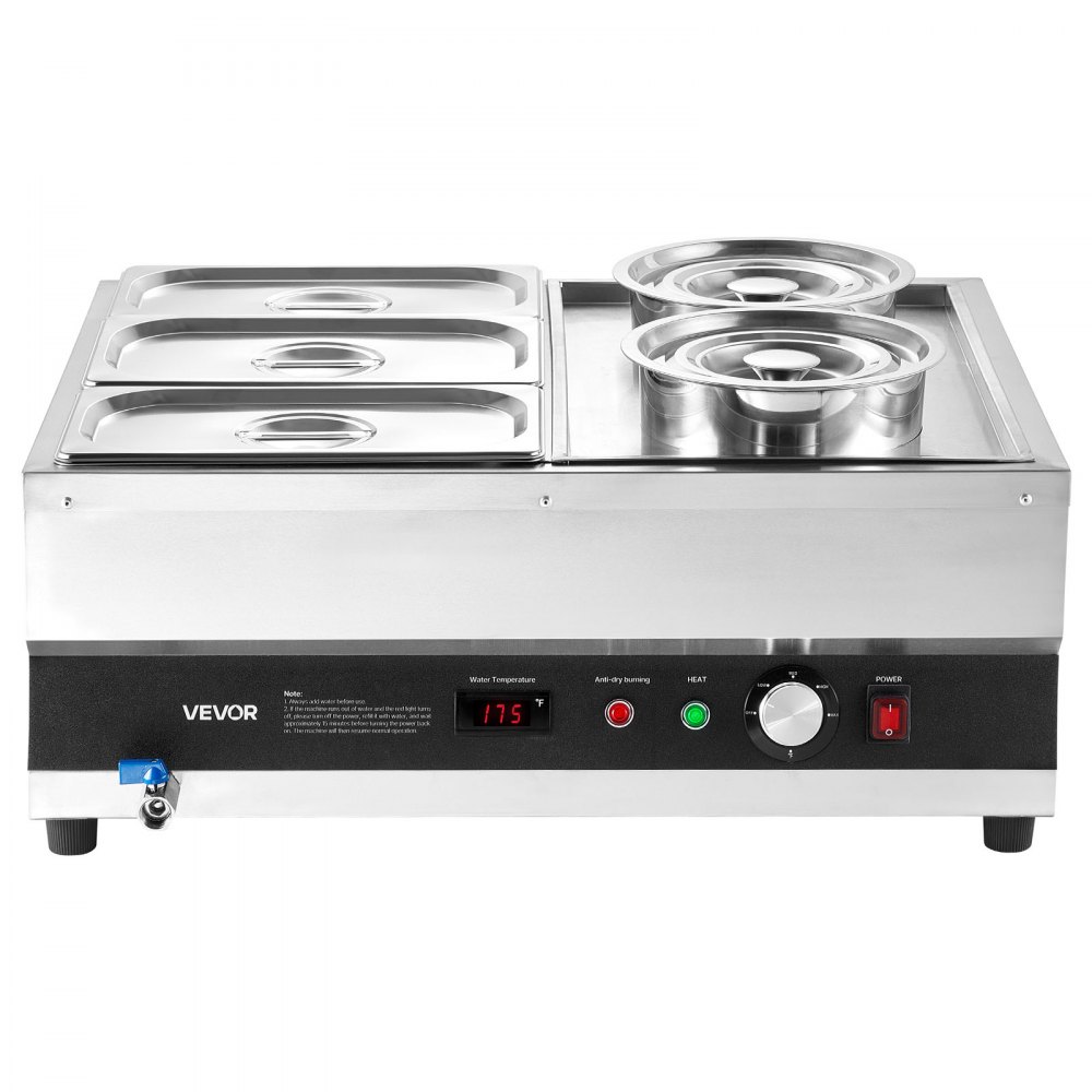 Calentador de sopa eléctrico VEVOR, dos ollas de 6.34 qt y tres sartenes de 1/3, calentador de alimentos comercial de acero inoxidable con temperatura ajustable de 86 a 185 °F, baño maría de 1500 W, estación de sopa para restaurante y bufé.