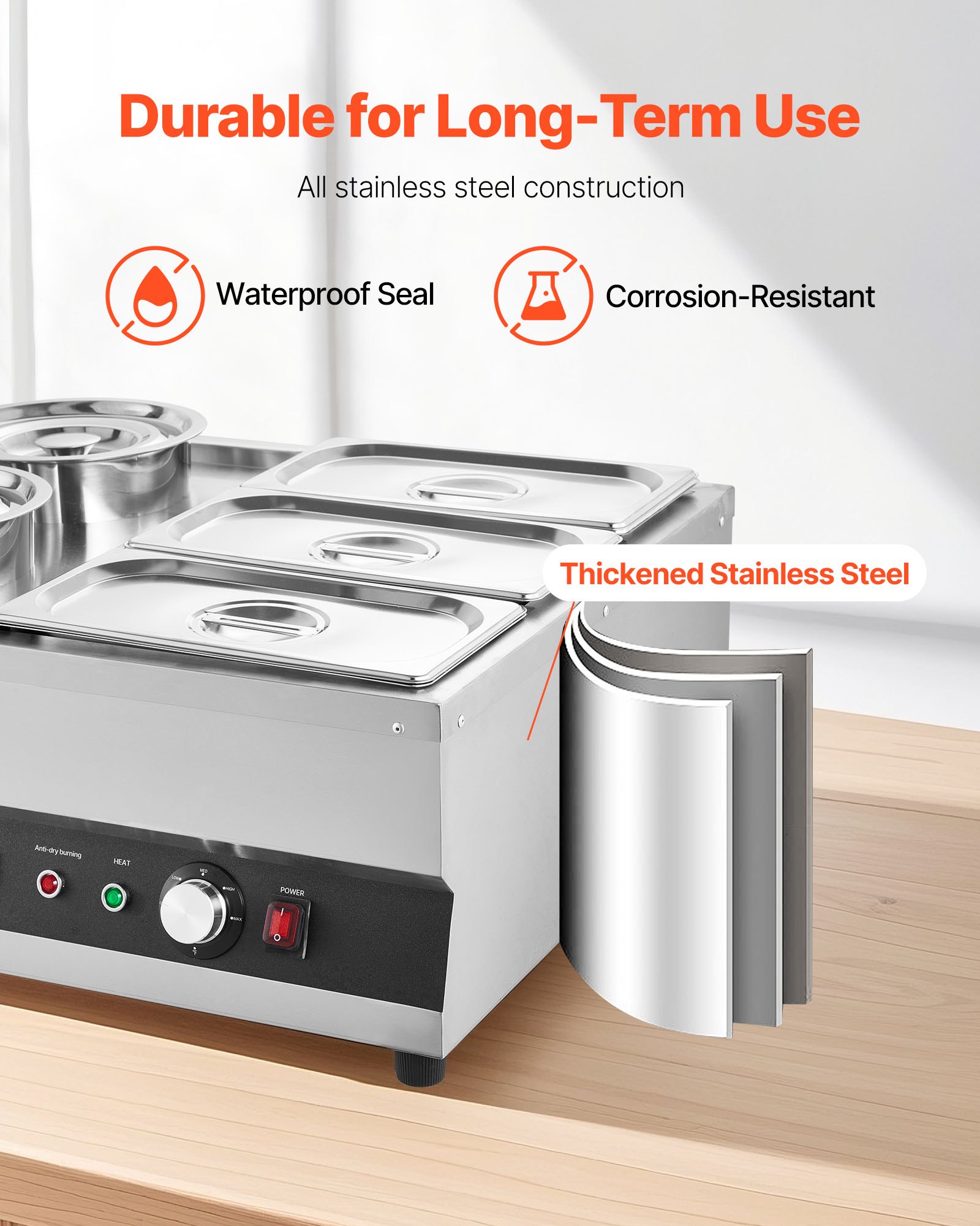 Calentador de sopa eléctrico VEVOR, dos ollas de 6.34 qt y tres sartenes de 1/3, calentador de alimentos comercial de acero inoxidable con temperatura ajustable de 86 a 185 °F, baño maría de 1500 W, estación de sopa para restaurante y bufé.