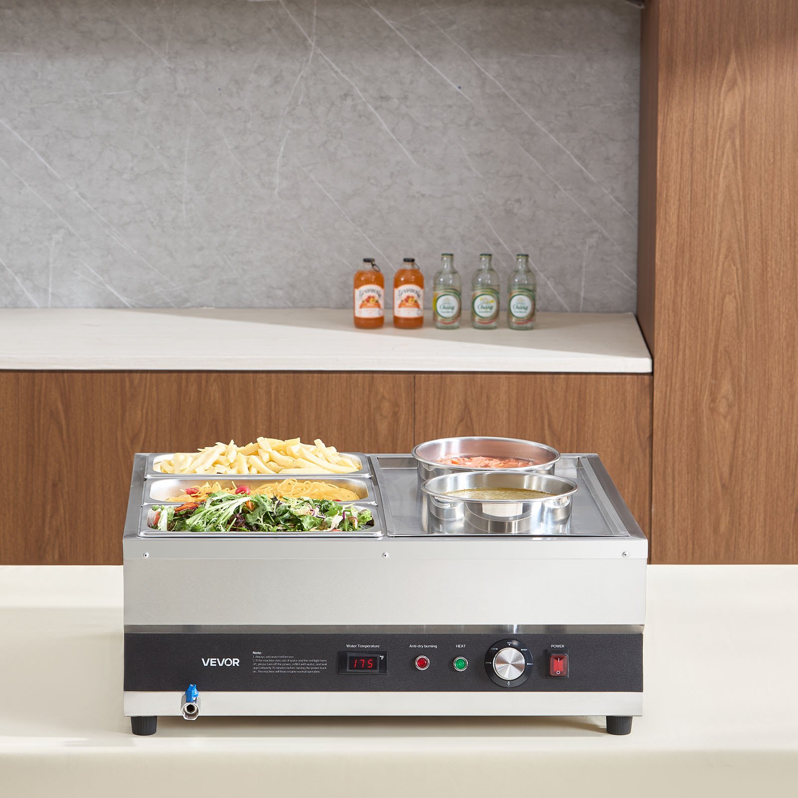 Calentador de sopa eléctrico VEVOR, dos ollas de 6.34 qt y tres sartenes de 1/3, calentador de alimentos comercial de acero inoxidable con temperatura ajustable de 86 a 185 °F, baño maría de 1500 W, estación de sopa para restaurante y bufé.