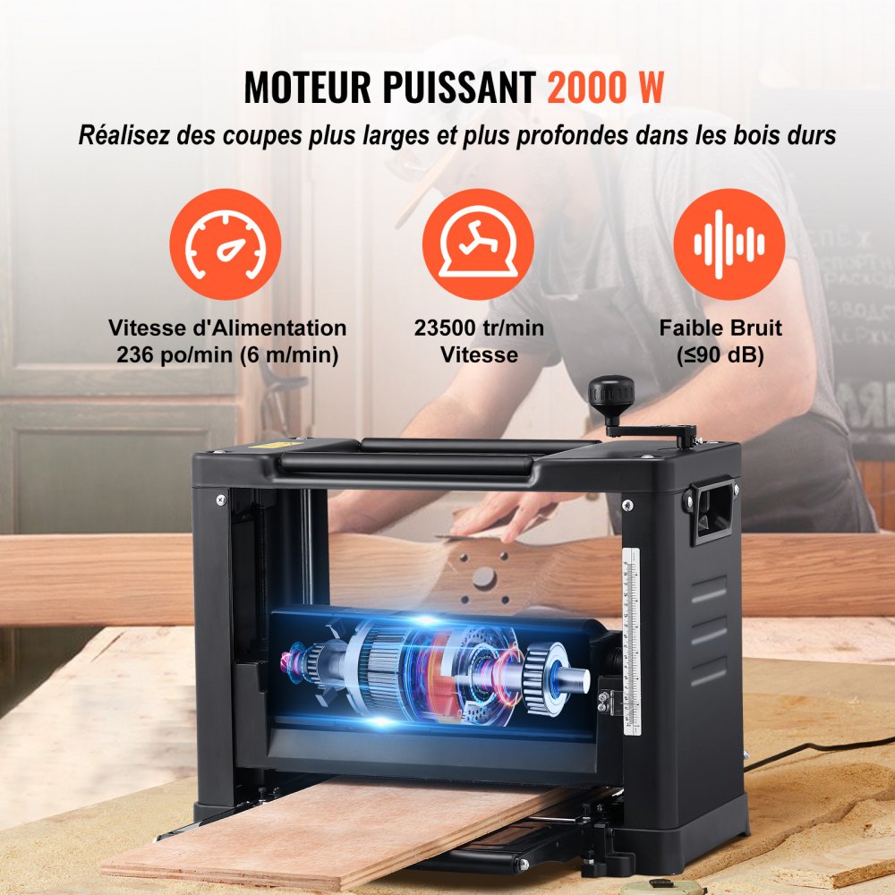 Cepilladora de espesor VEVOR, una velocidad, mesa de trabajo de 33 cm de ancho, cepilladora de sobremesa, dos cuchillas, motor potente de 15 A y 1800 W, mesa de entrada extendida de 30 cm, bajo nivel de ruido para la eliminación de materiales de madera dura y blanda.