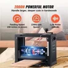 Cepilladora de espesor VEVOR, velocidad única, cepilladora de mesa de trabajo de 13" de ancho, dos cuchillas, motor potente de 15 amperios y 1800 W, mesa de alimentación extendida de 12", bajo nivel de ruido para la eliminación de materiales de madera blanda y dura
