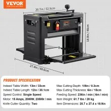 Cepilladora de espesor VEVOR, velocidad única, cepilladora de mesa de trabajo de 13" de ancho, dos cuchillas, motor potente de 15 amperios y 1800 W, mesa de alimentación extendida de 12", bajo nivel de ruido para la eliminación de materiales de madera blanda y dura