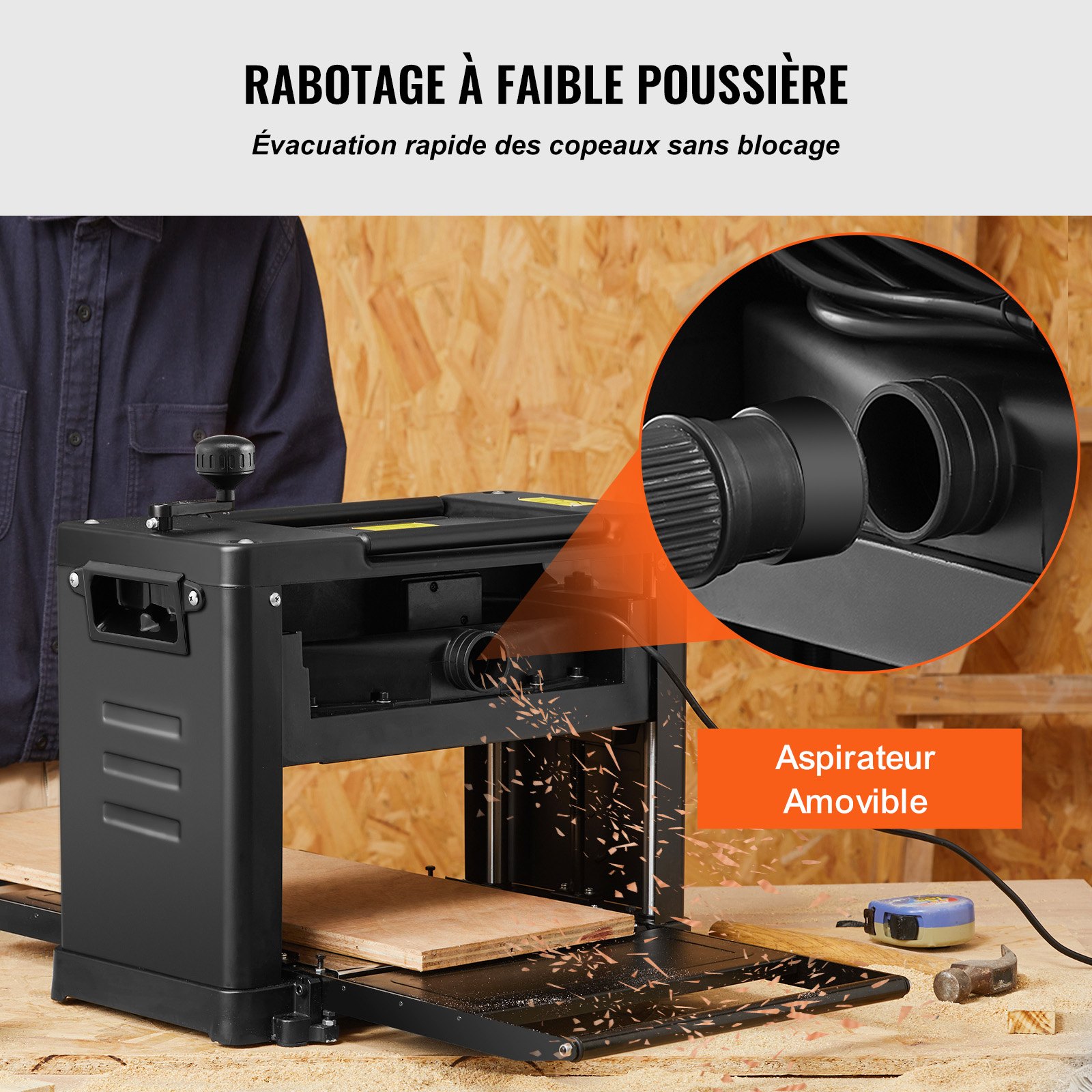 Cepilladora de espesor VEVOR, una velocidad, mesa de trabajo de 33 cm de ancho, cepilladora de sobremesa, dos cuchillas, motor potente de 15 A y 1800 W, mesa de entrada extendida de 30 cm, bajo nivel de ruido para la eliminación de materiales de madera dura y blanda.