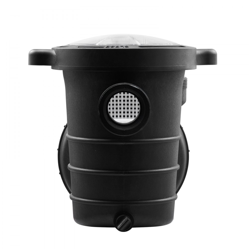Bomba de piscina VEVOR con tapa transparente, cuerpo negro y filtro de rejilla frontal.