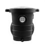 Bomba de piscina VEVOR con tapa transparente, cuerpo negro y filtro de rejilla frontal.