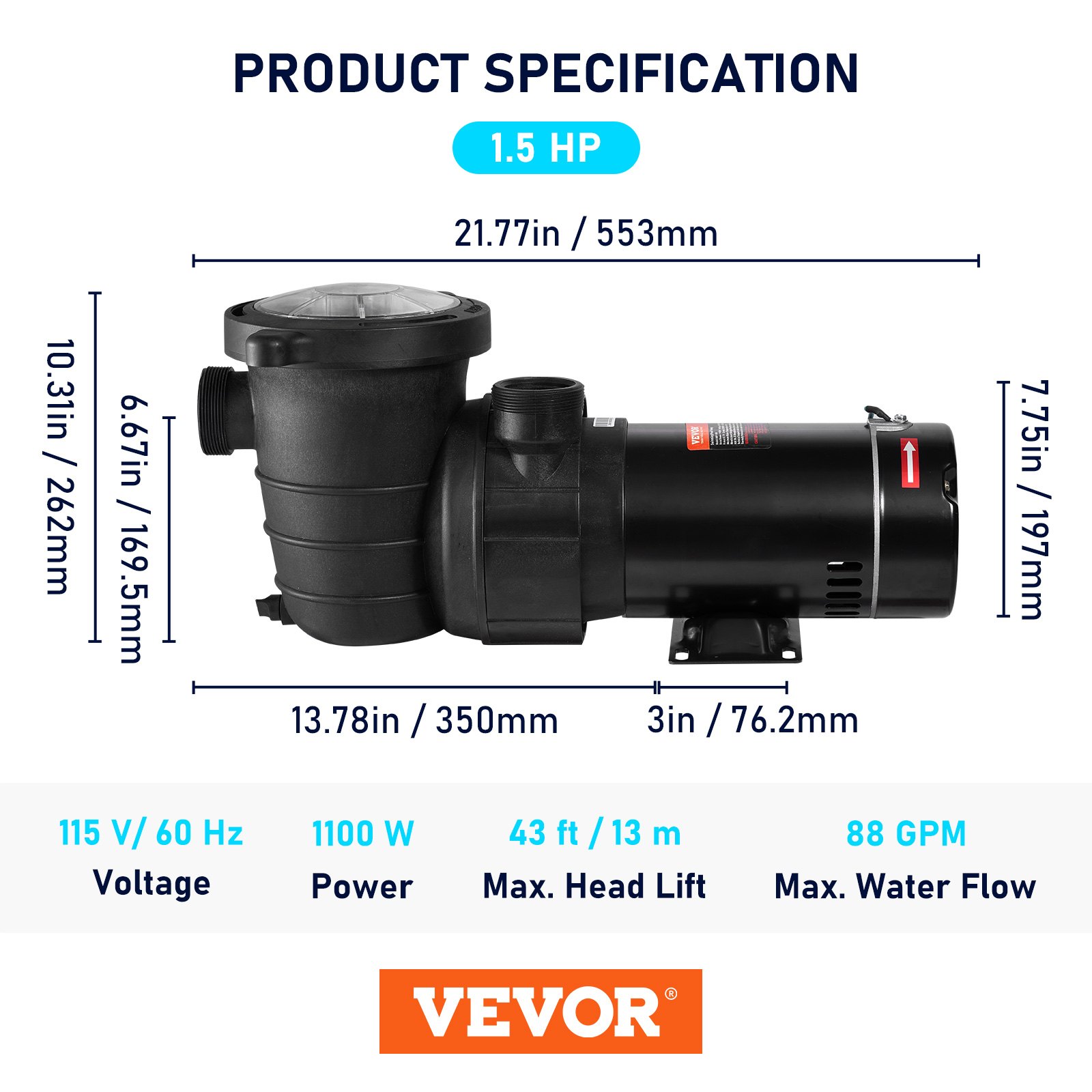 Bomba de piscina VEVOR 1,5 hp, 115 v, 1100 w, 88 gpm, elevación máxima de 43 pies, dimensiones etiquetadas.