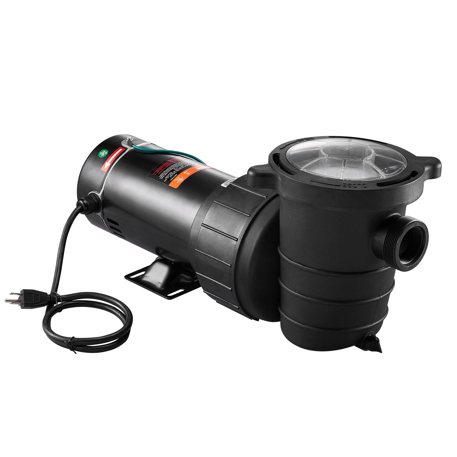 Bomba de piscina VEVOR con carcasa negra, tapa transparente y cable de alimentación sobre fondo blanco.