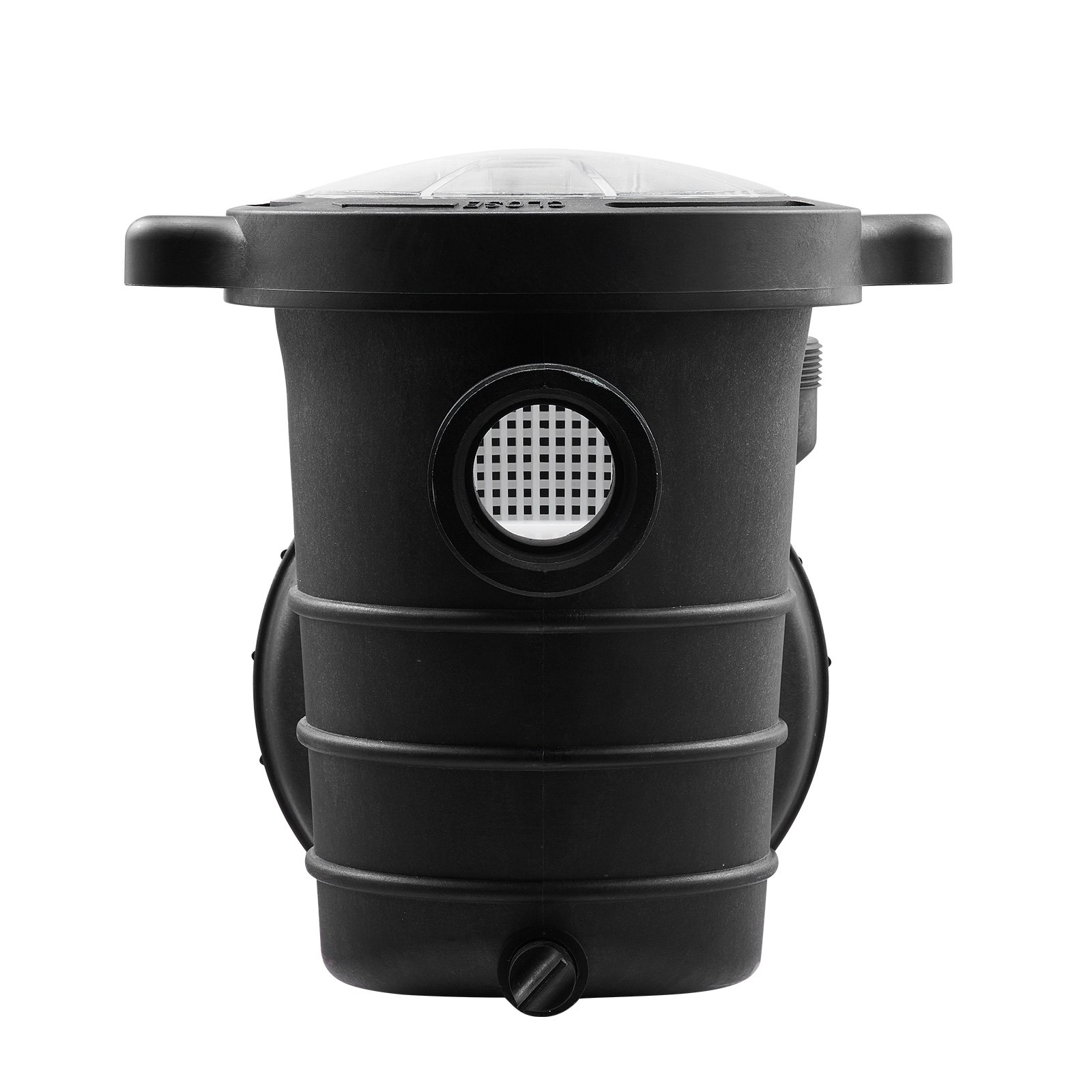Bomba de piscina VEVOR con tapa transparente, cuerpo negro y filtro de rejilla frontal.