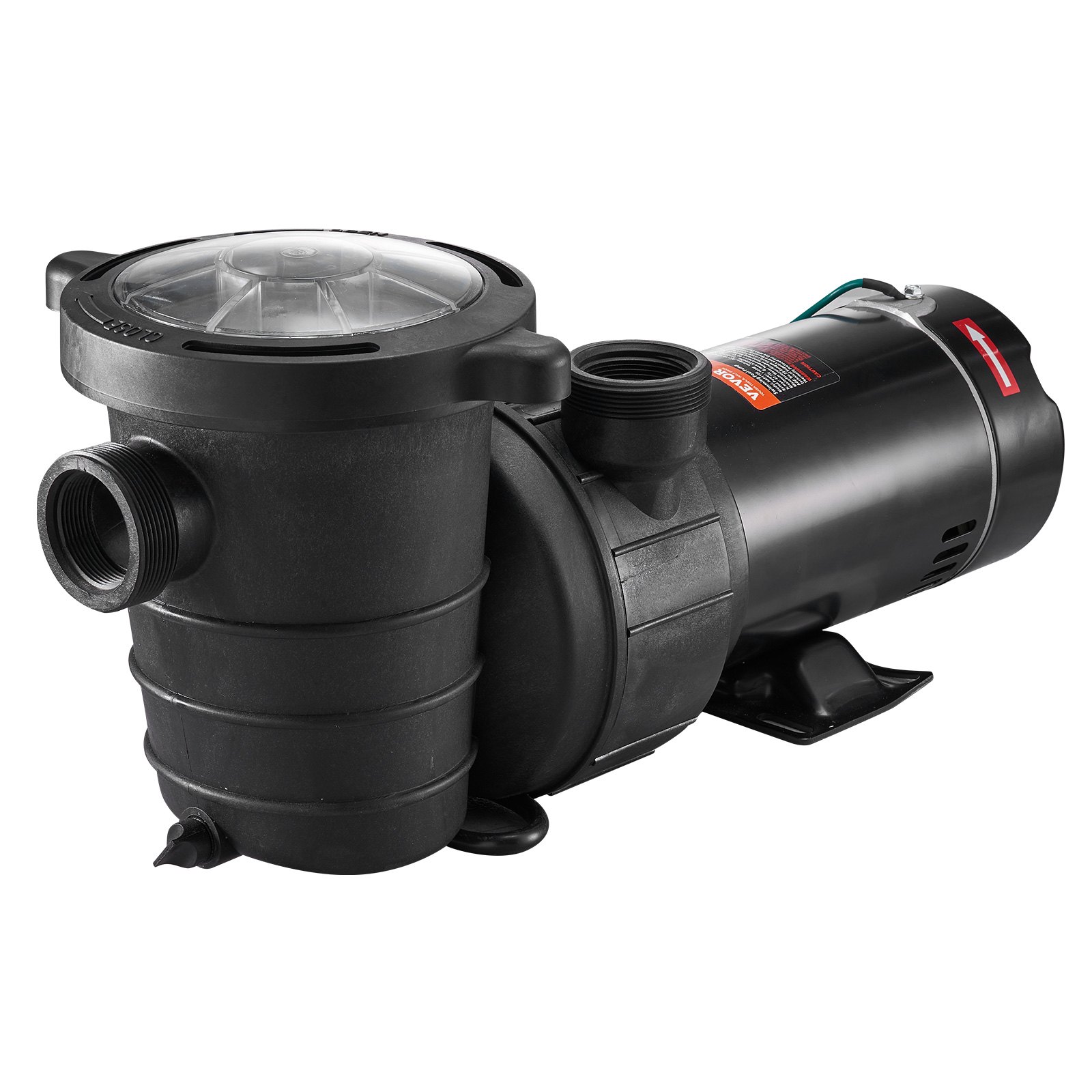 Bomba de piscina VEVOR negra con cubierta de filtro transparente y válvulas de entrada y salida.