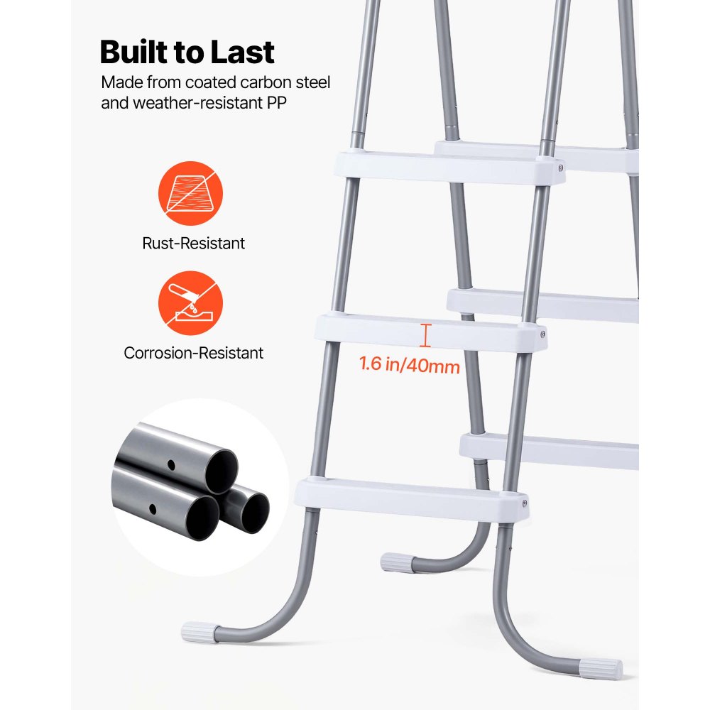 VEVOR Escalera para Piscina Desmontable de 3 Peldaños Hasta 136 kg, Escalera de Seguridad de Acero al Carbono Antideslizante con Patas de Goma, Pasamanos Ergonómicos para Piscina Elevada de 106,7 cm