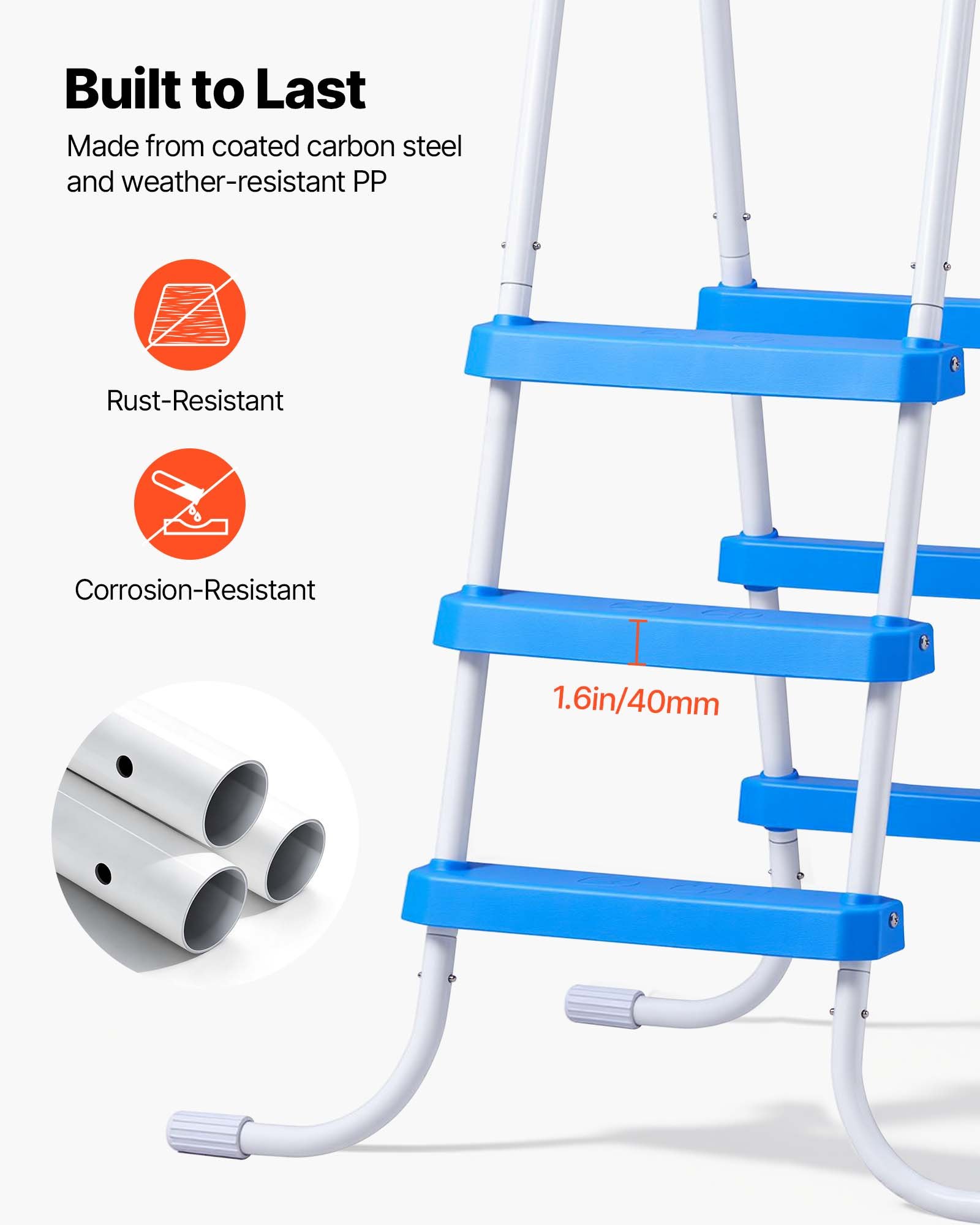 VEVOR Escalera para Piscina Desmontable de 3 Peldaños Hasta 136 kg, Escalera de Seguridad de Acero al Carbono Antideslizante con Pasamanos Ergonómicos, Patas de Goma para Piscina Elevada de 91,4 cm
