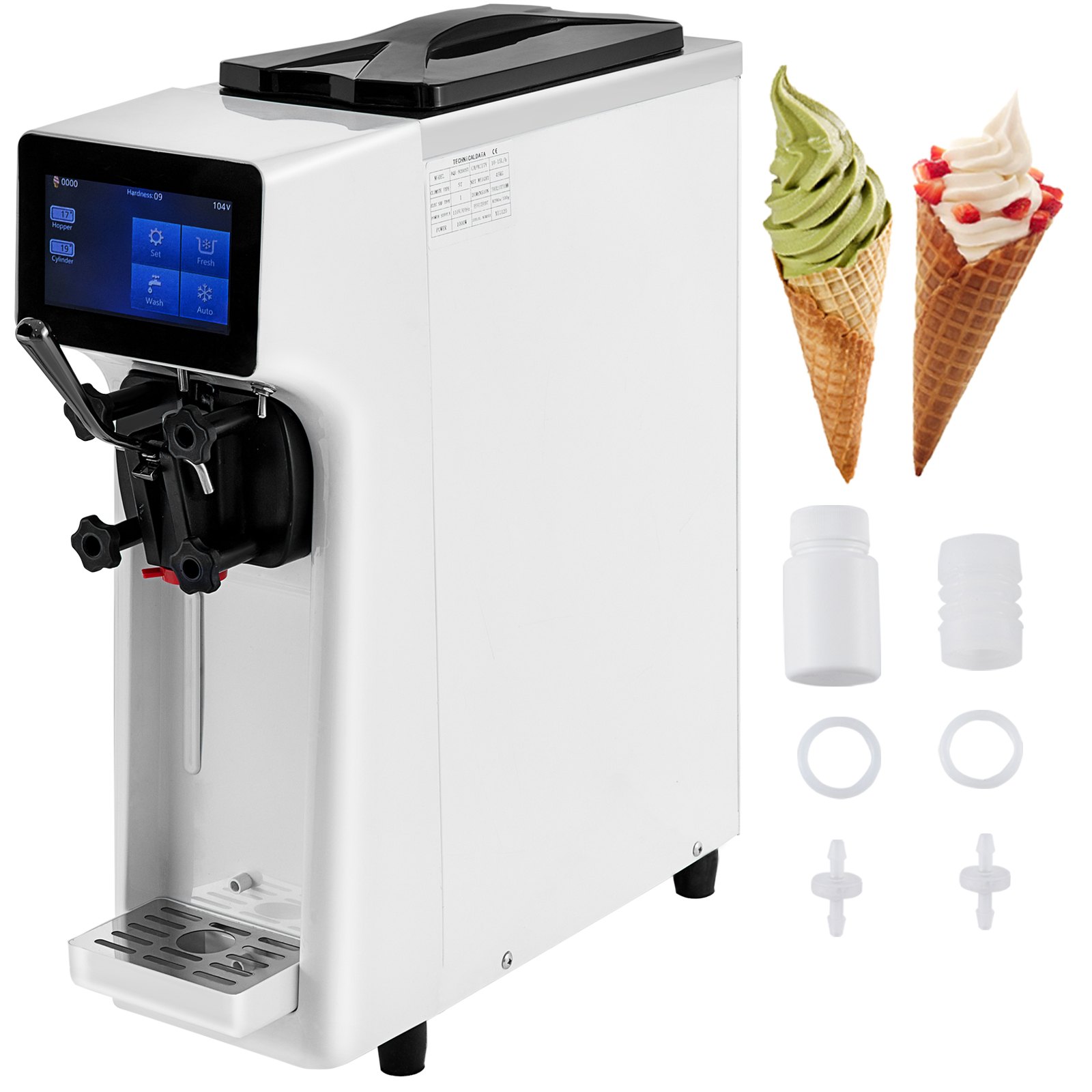 VEVOR Máquina para hacer helados comercial Maquina de helados rendimiento de 10-20 l/h máquina de servicio suave para encimera de 1000 W con tolva de