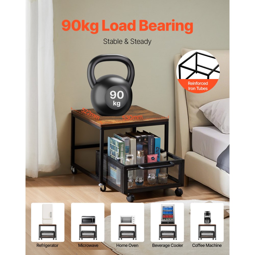 VEVOR - Mini refrigerador con soporte y almacenamiento, mesa de 89 kg con carrito de almacenamiento móvil y ruedas giratorias, soporte para bebidas, organizador para el hogar, dormitorio, marrón claro